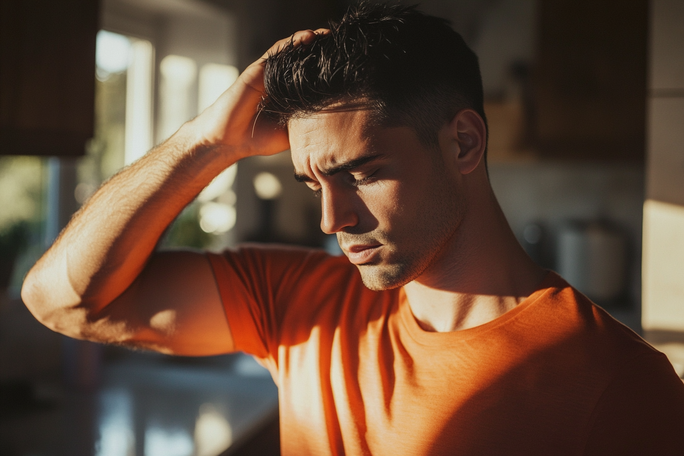 Un hombre de unos 30 años con aspecto exasperado, pasándose la mano por el pelo en una cocina | Fuente: Midjourney