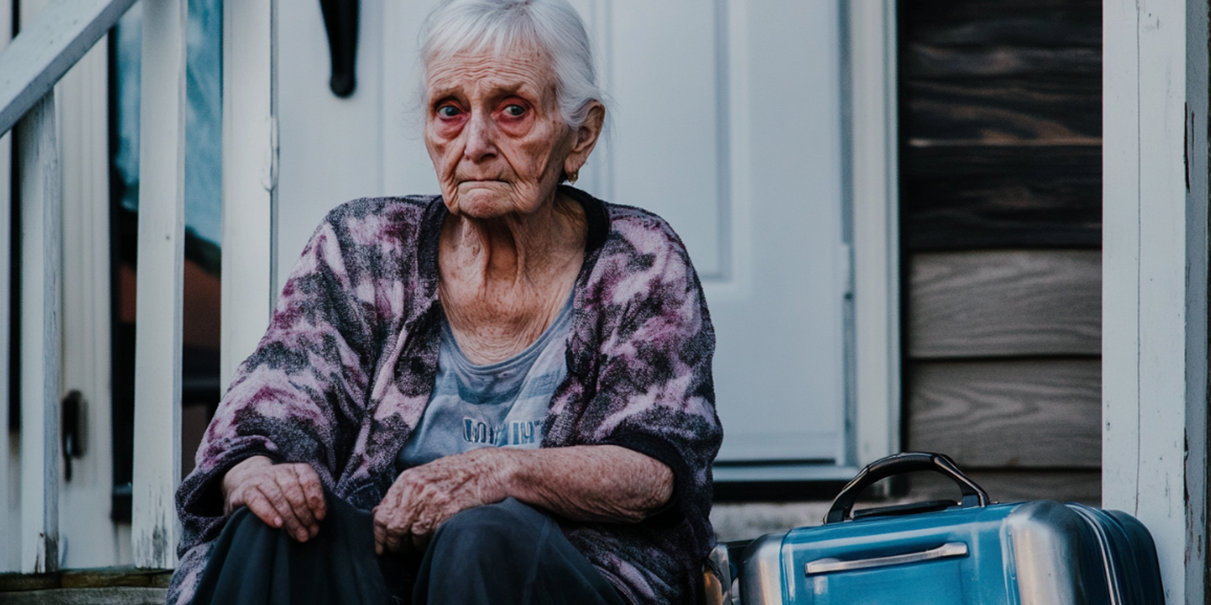 Una abuela triste sentada en el porche con su maleta hecha | Fuente: AmoMama