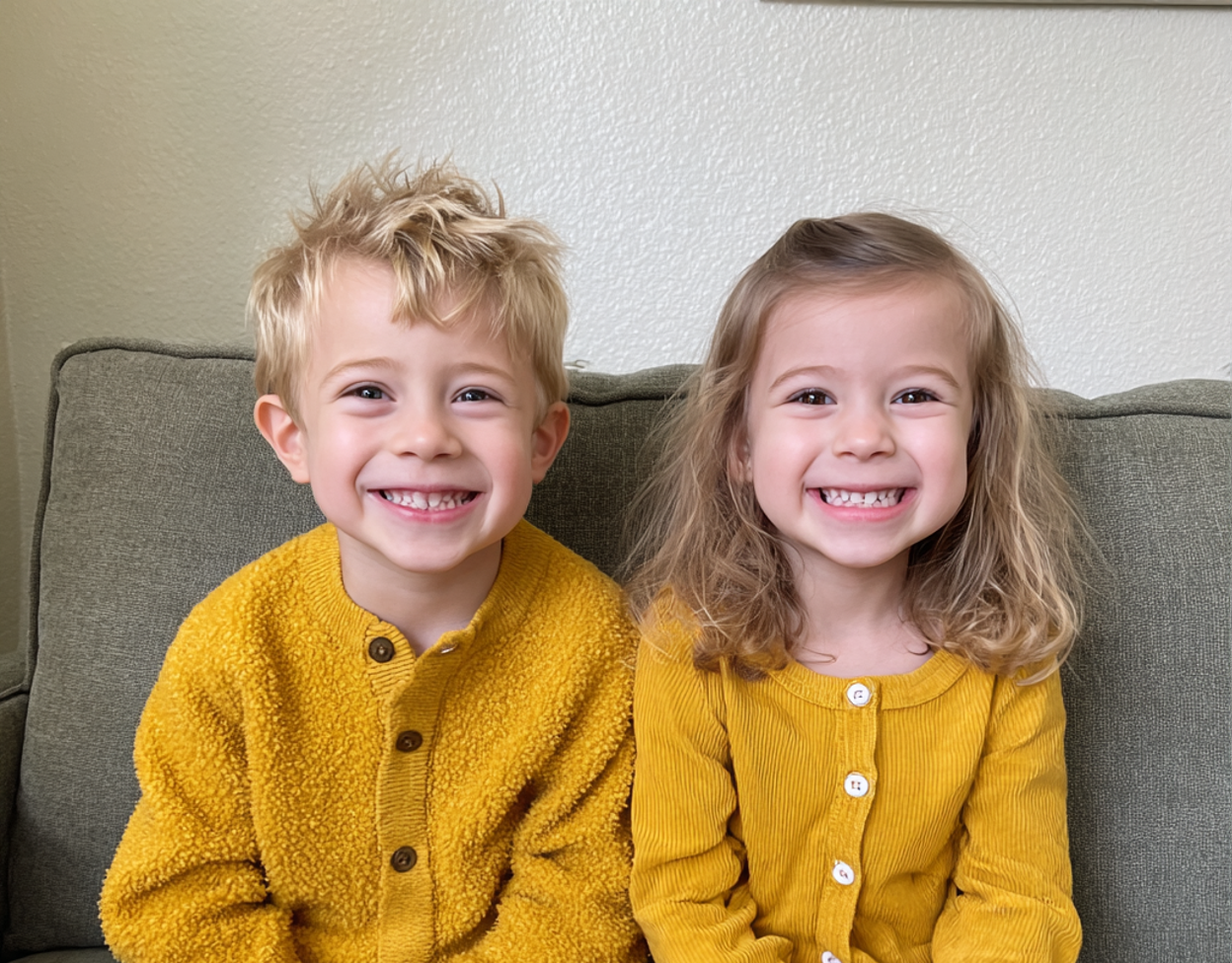 Un par de gemelos sonrientes | Fuente: Midjourney