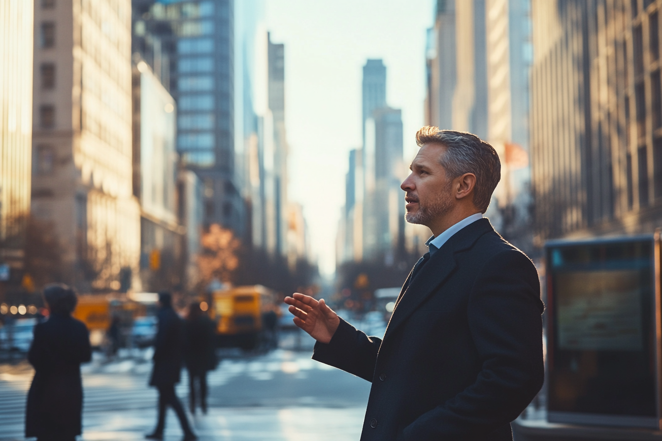 Un hombre de negocios hablando con alguien en una esquina | Fuente: Midjourney