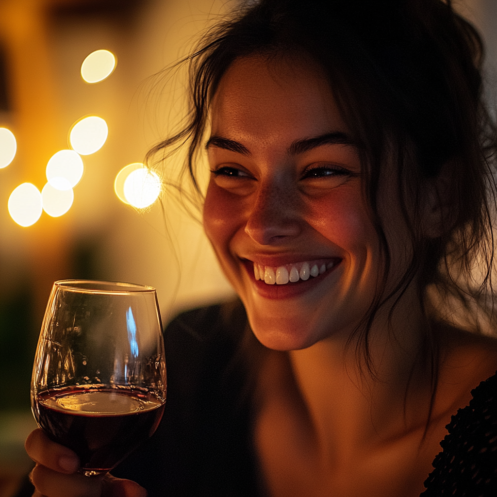 Una mujer sonriente con una copa de vino en la mano | Fuente: Midjourney