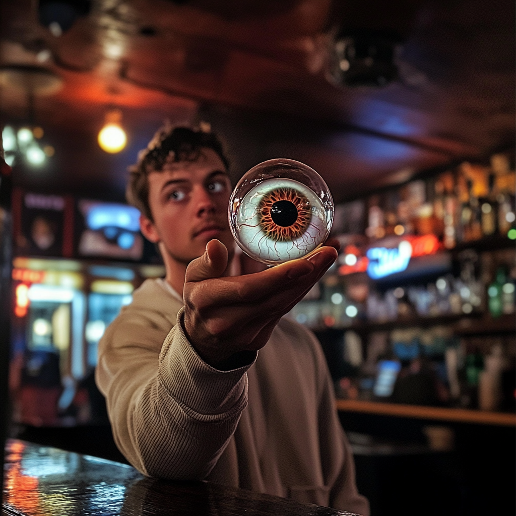 Un hombre sujetando un globo ocular de cristal | Fuente: Midjourney