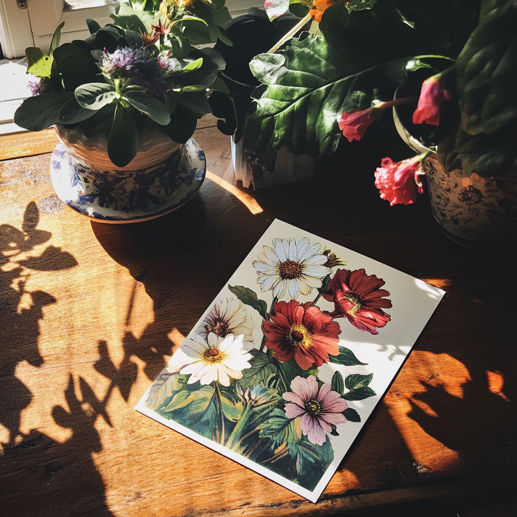 Una postal floral sobre una mesa | Fuente: Midjourney