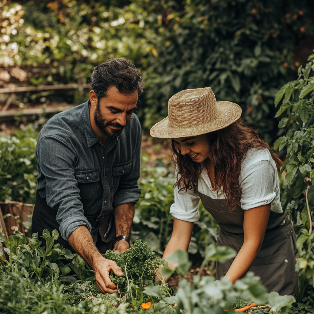 Una pareja trabajando juntos en el jardín | Fuente: Midjourney