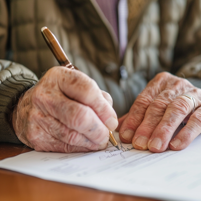 Primer plano de un hombre de mediana edad firmando un documento | Fuente: Midjourney