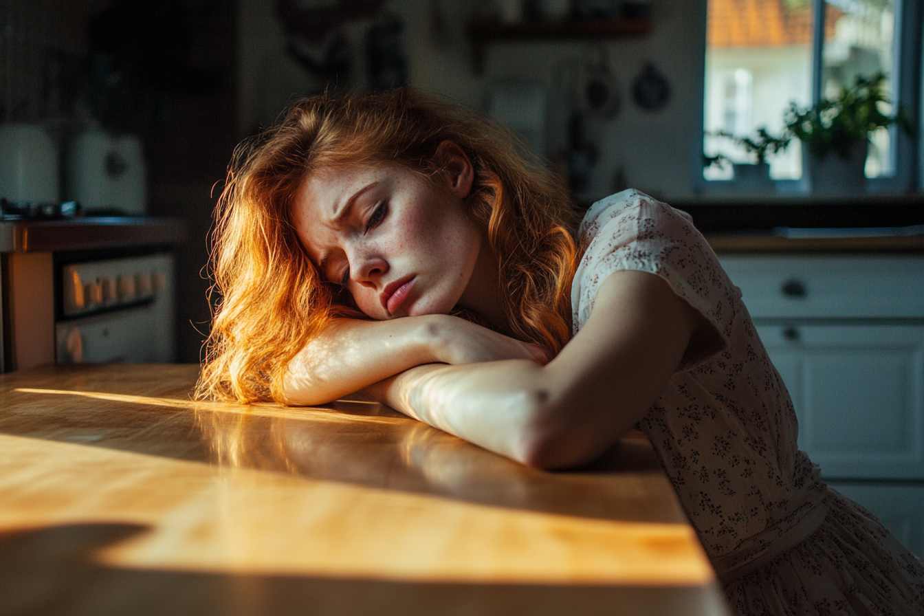 Una mujer exhausta descansando en la mesa de la cocina | Fuente: Midjourney