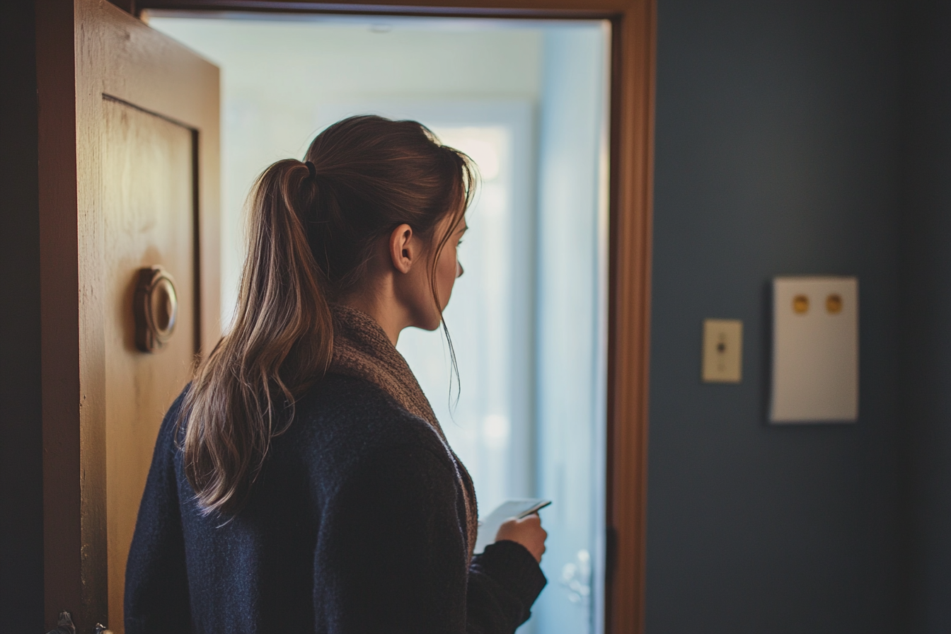 Una mujer abriendo la puerta | Fuente: Midjourney