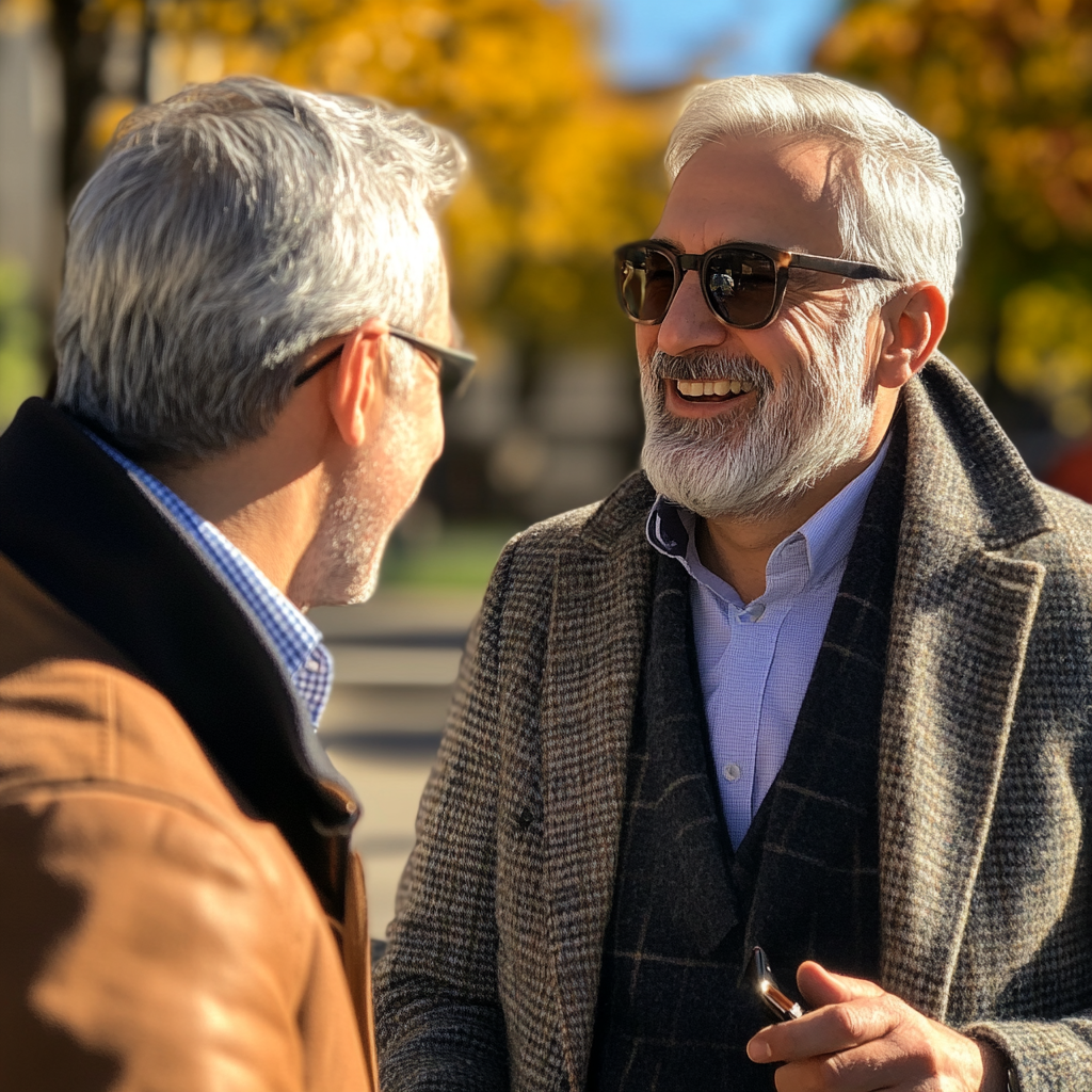 Dos hombres sonrientes hablando | Fuente: Midjourney