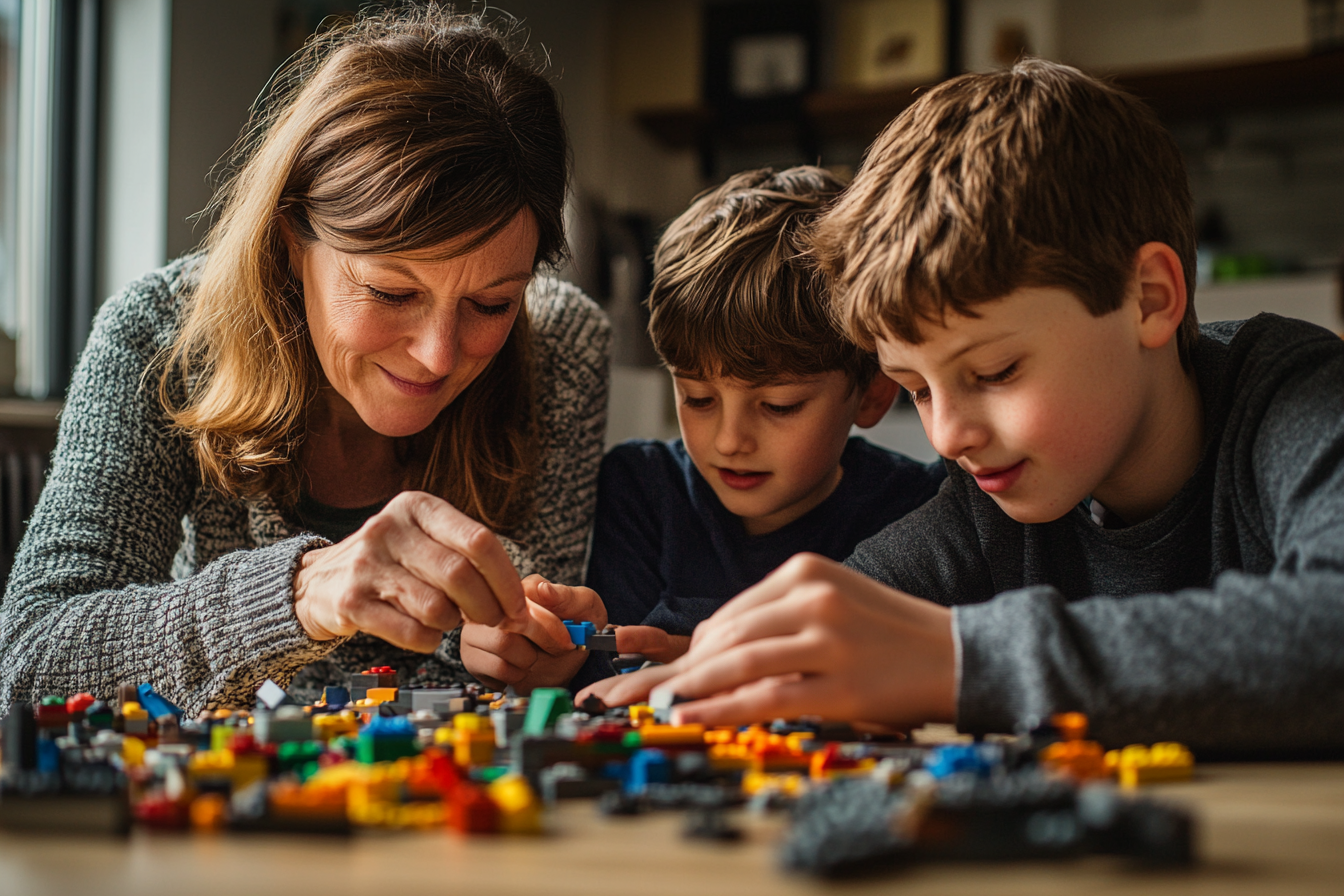 Una mujer construyendo LEGO con sus hijos | Fuente: Midjourney