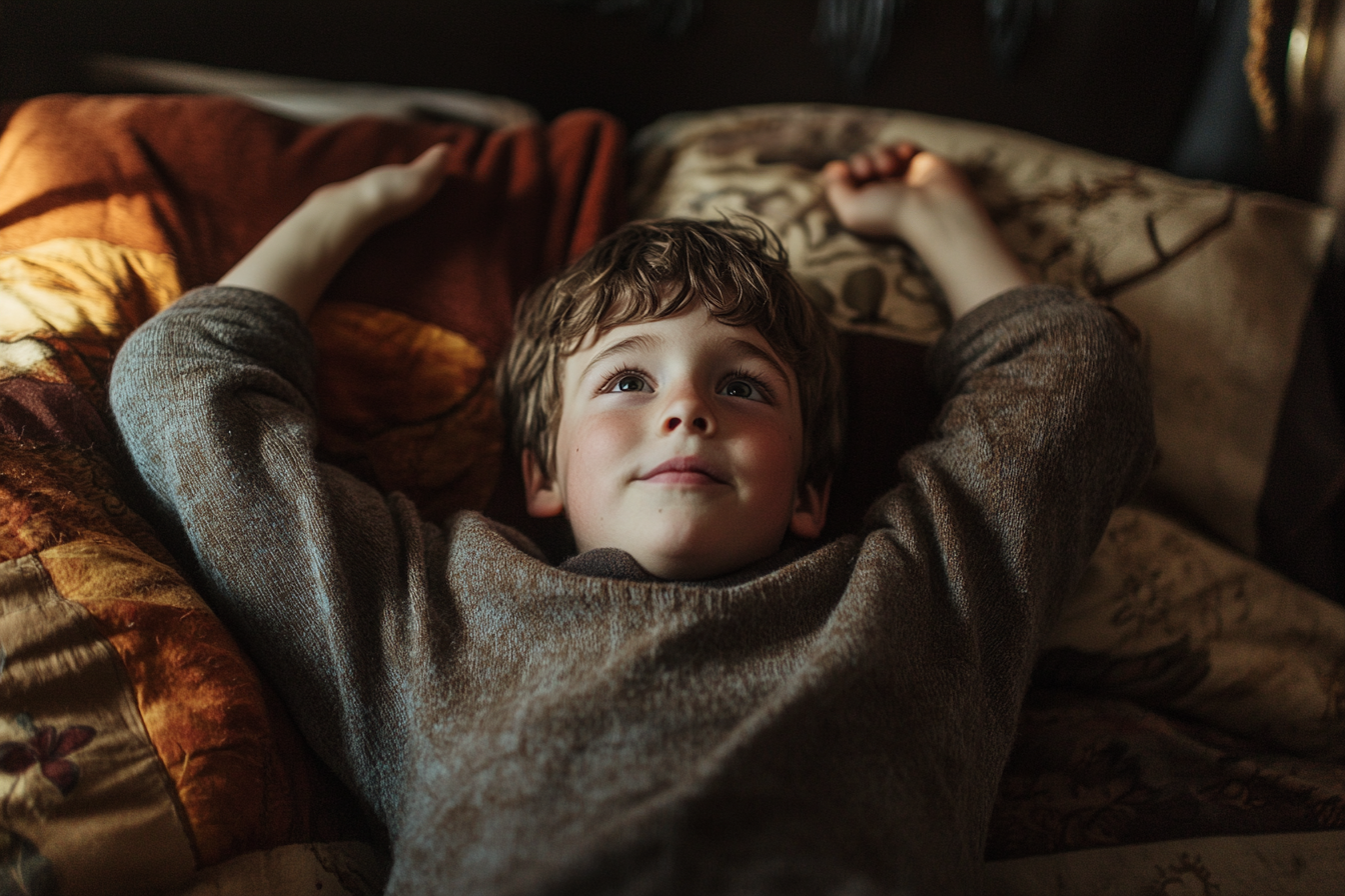 Un niño parece feliz tumbado en la cama | Fuente: Midjourney