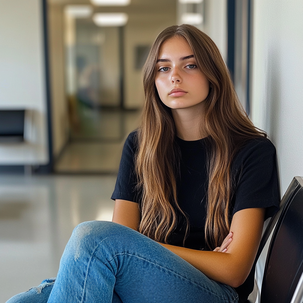 Una joven sentada en una sala de espera | Fuente: Midjourney