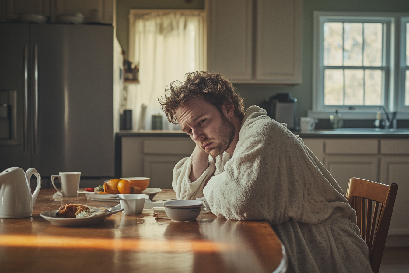 Un hombre enfermo sentado a la mesa de la cocina | Fuente: Midjourney