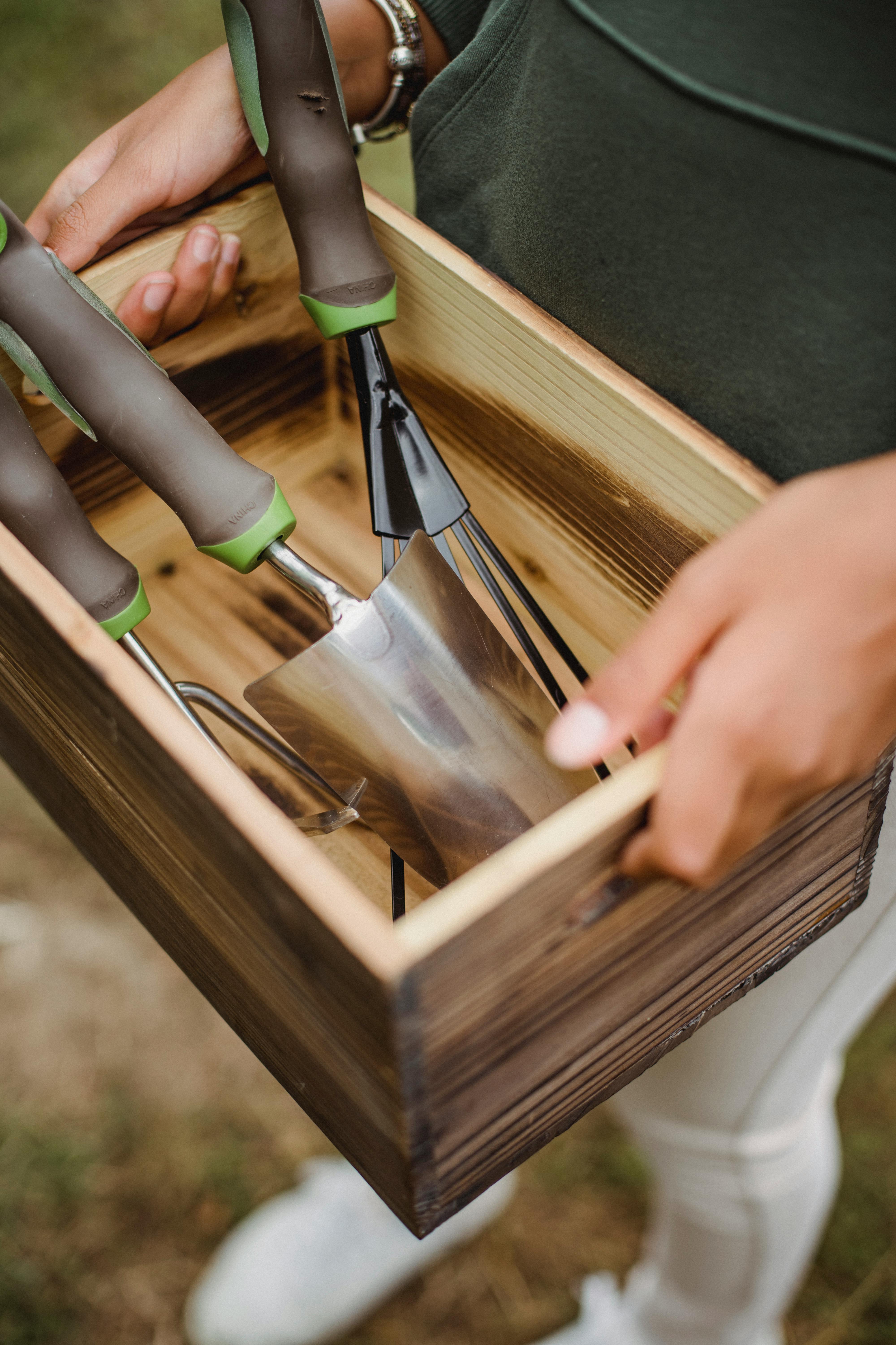 Una persona sostiene una caja con herramientas de jardinería | Fuente: Pexels