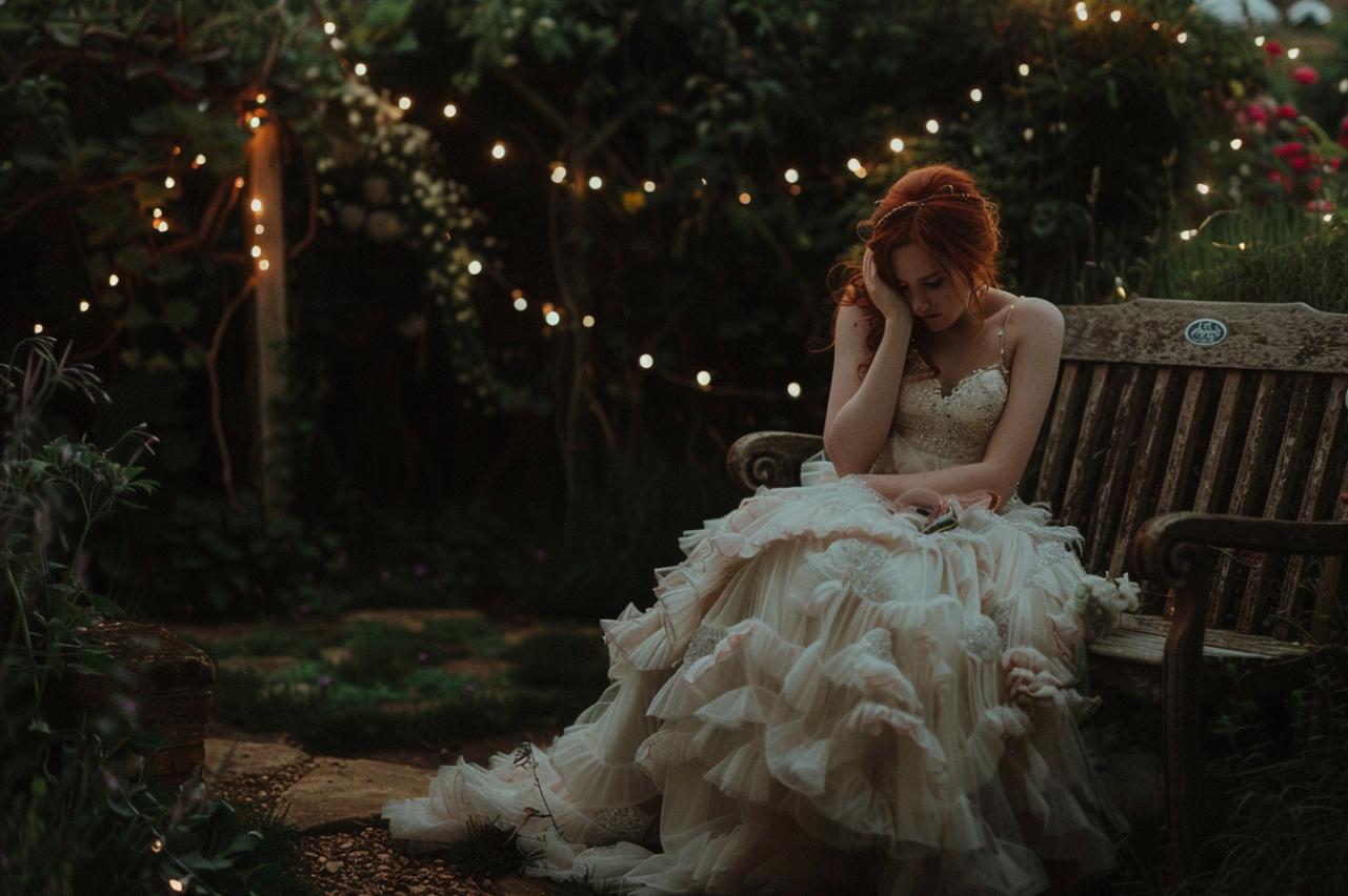 Una novia llorando sentada en un banco del jardín | Fuente: MidJourney