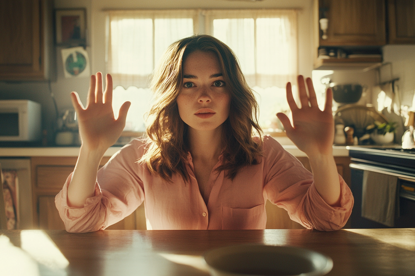 Una mujer sentada a la mesa de la cocina levantando las manos en señal de rendición | Fuente: Midjourney