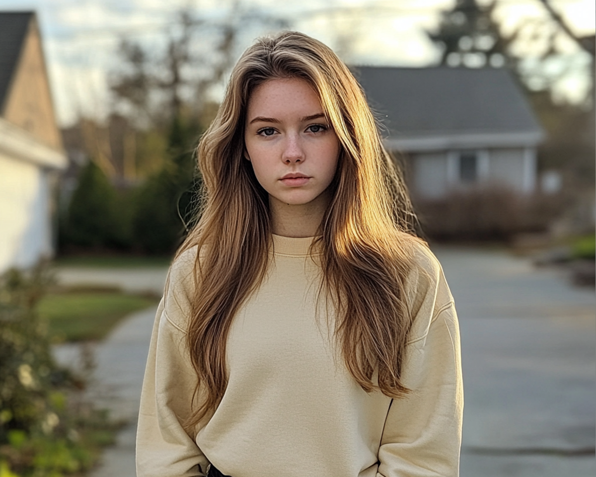 Una joven pensativa delante de una casa | Fuente: Midjourney