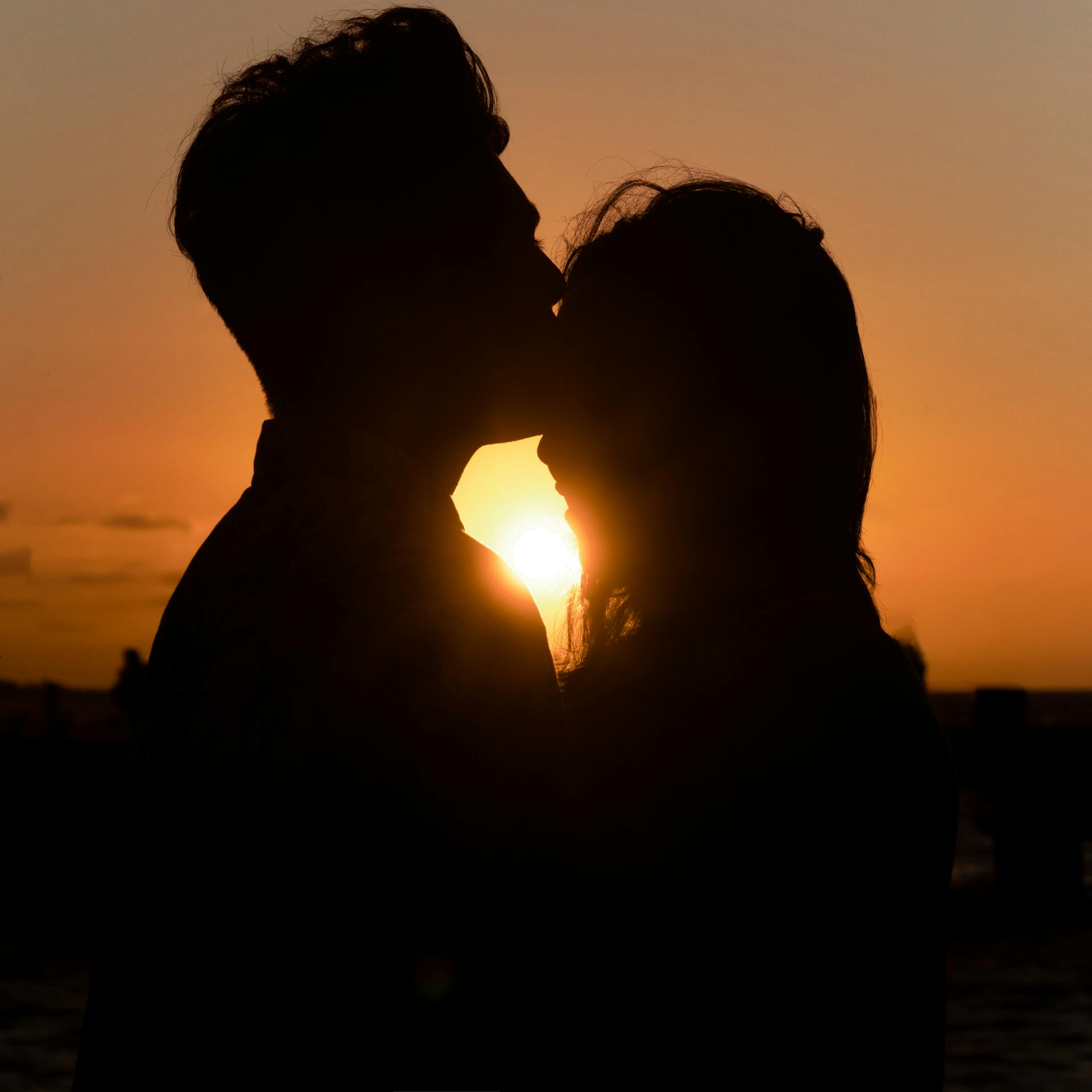 Silueta de una pareja besándose durante la puesta de sol | Fuente: Pexels