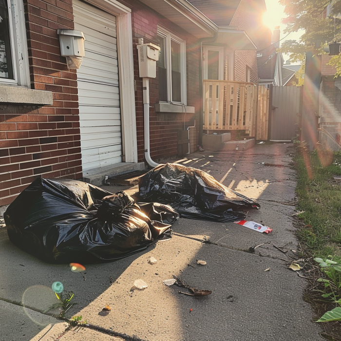 Bolsas de basura frente a una casa en un barrio | Fuente: Midjourney