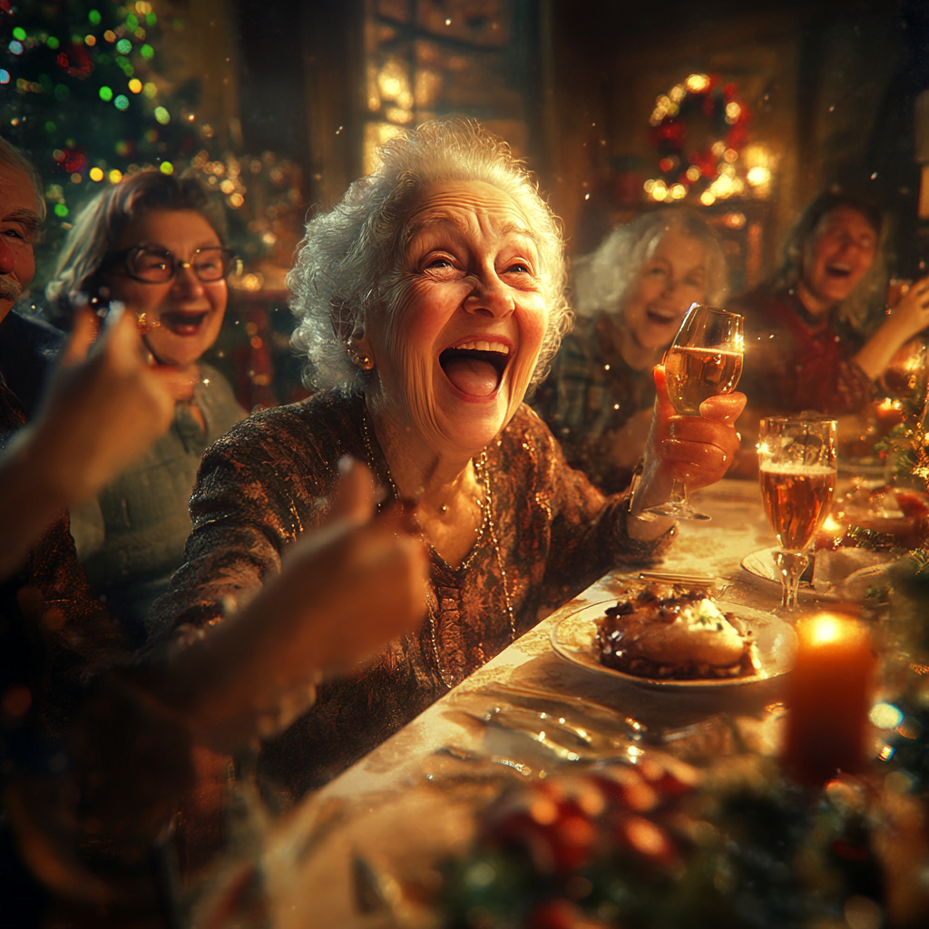 Una alegre señora mayor disfrutando de la cena de Navidad con sus amigos | Fuente: Midjourney