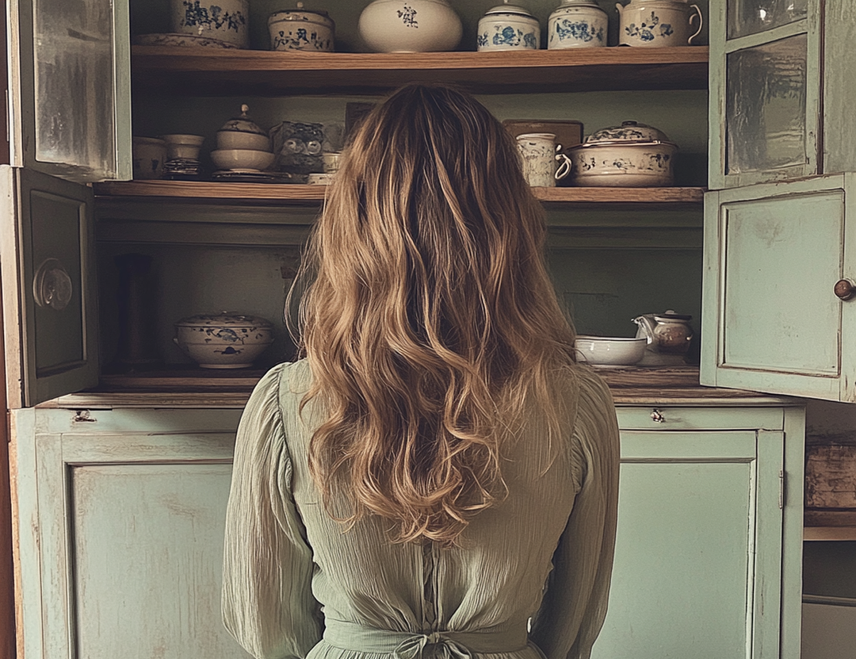 Una mujer mirando en un armario de cocina | Fuente: Midjourney