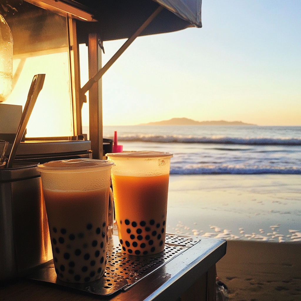 Un puesto de té boba en la playa | Fuente: Midjourney