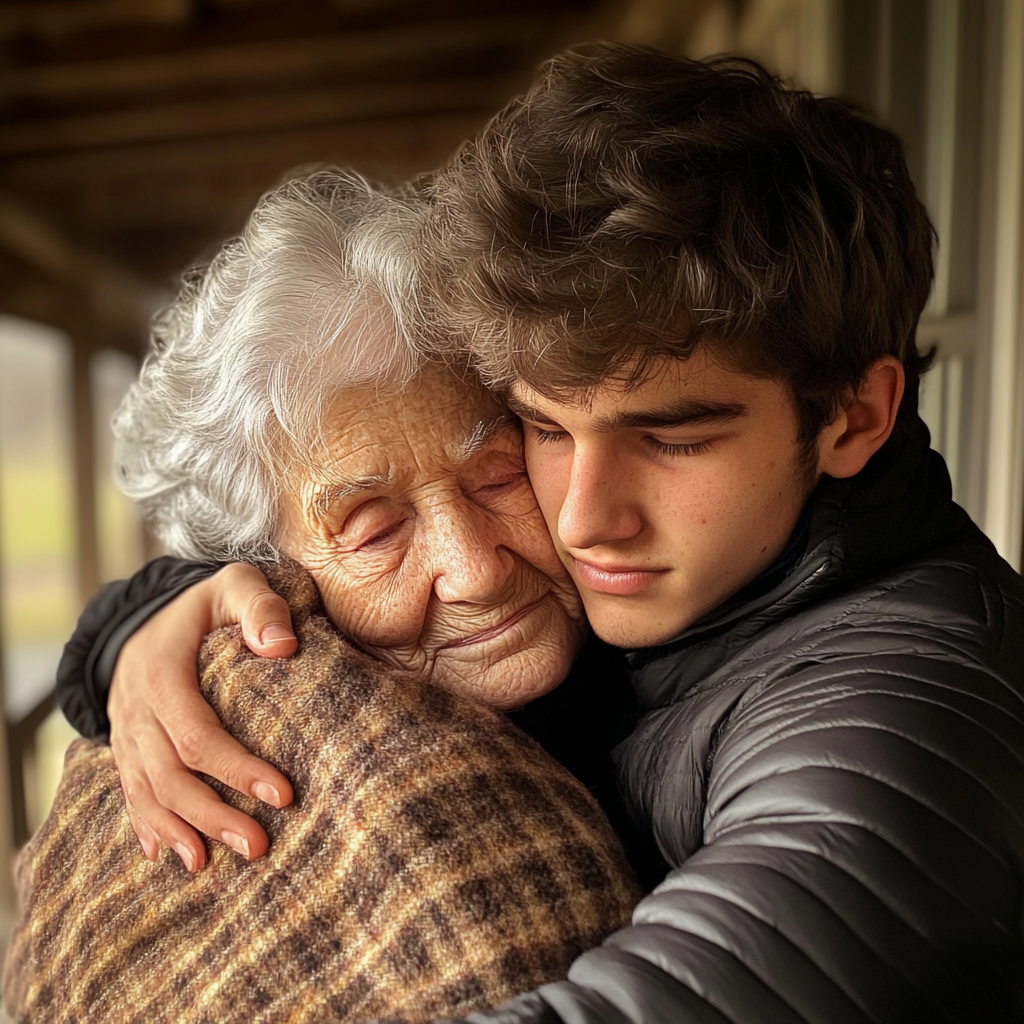 Un hombre abrazando a su anciana madre | Fuente: Midjourney