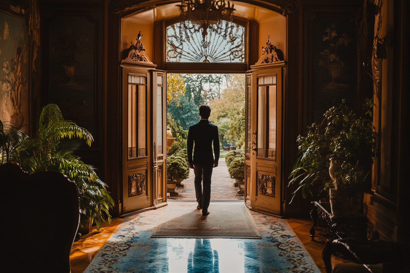 Un hombre en silueta saliendo de una casa de lujo | Fuente: Midjourney