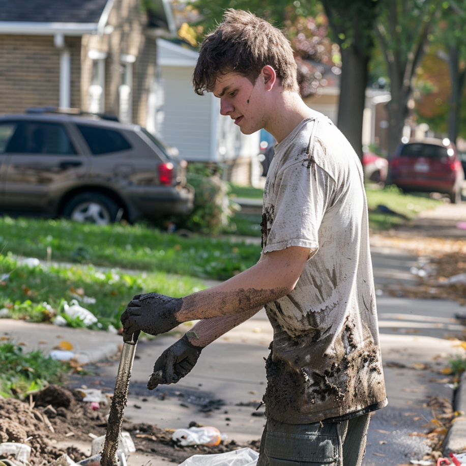 Un joven vestido de barro recogiendo basura en un barrio | Fuente: Midjourney