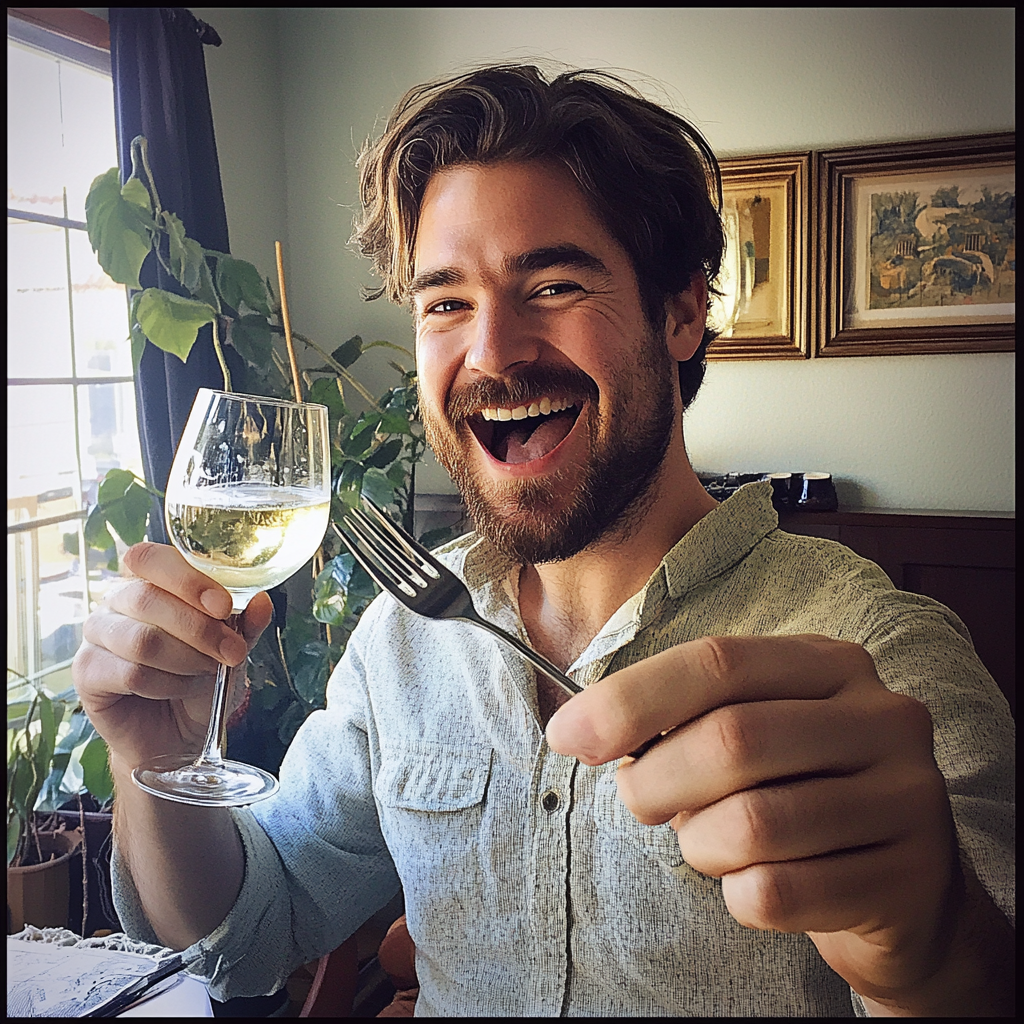 Un hombre emocionado chocando su copa de vino con un tenedor | Fuente: Midjourney