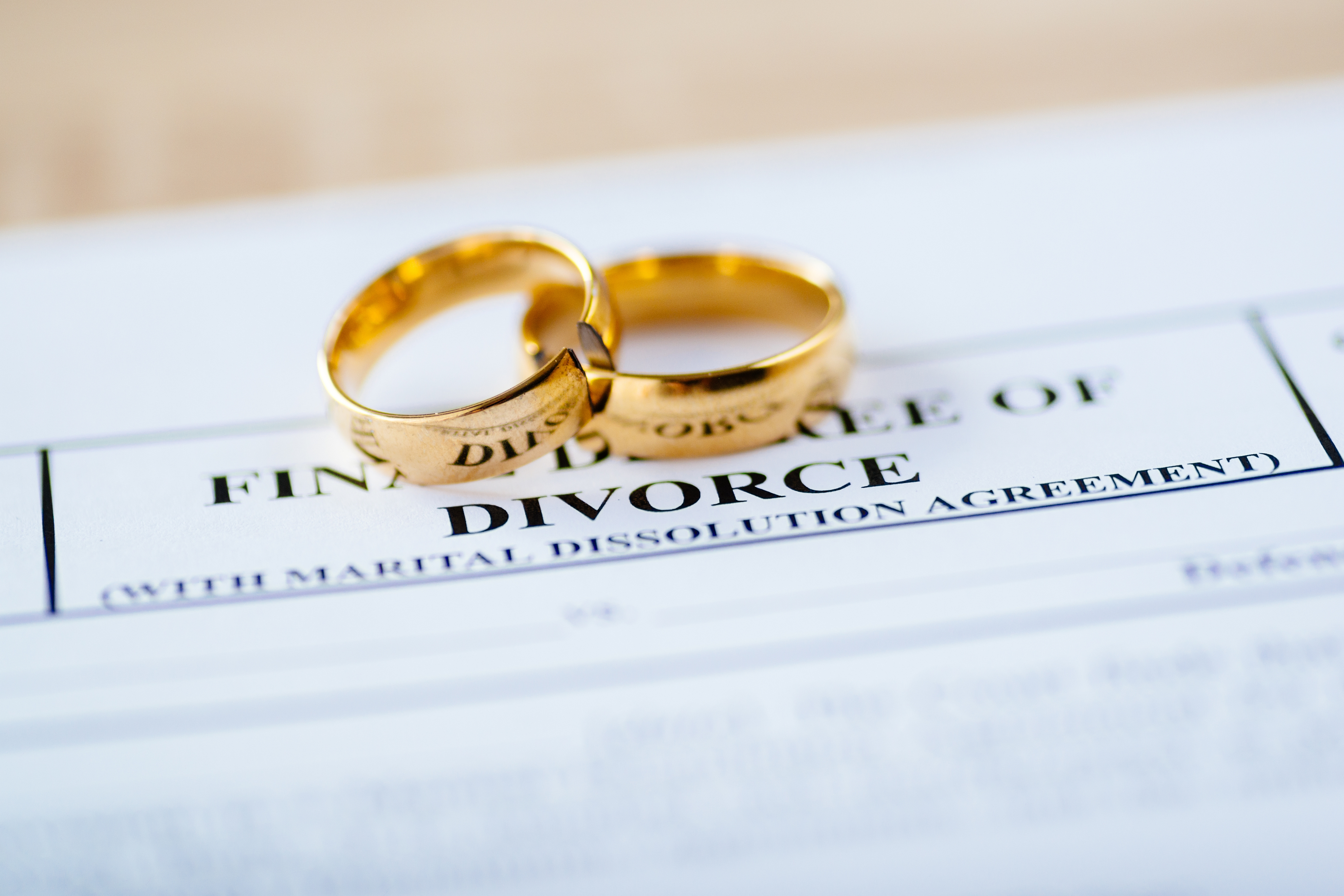 Papeles de divorcio con un juego de alianzas | Fuente: Shutterstock
