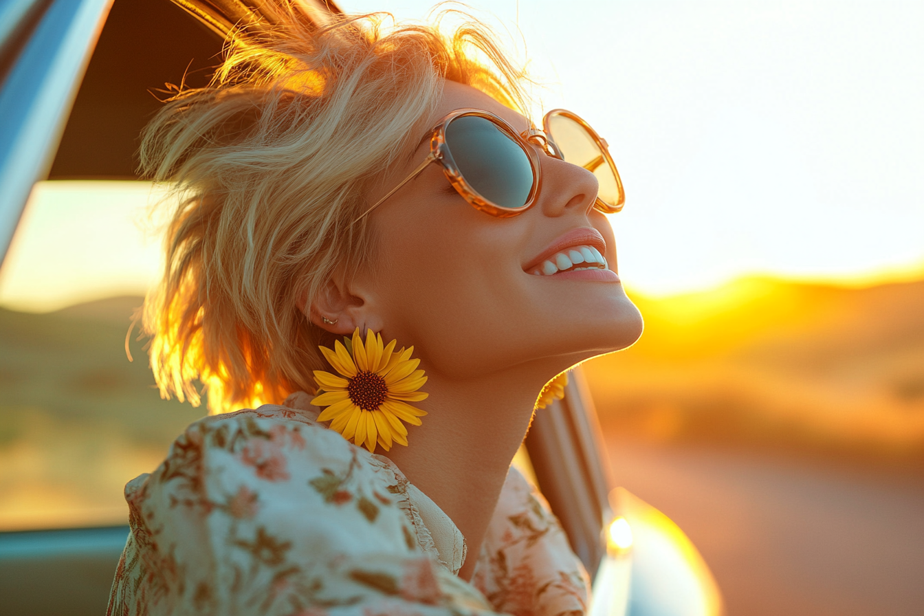 Mujer de unos 30 años con gafas de sol y la cabeza fuera de la ventanilla de un Automóvil durante un viaje por carretera | Fuente: Midjourney