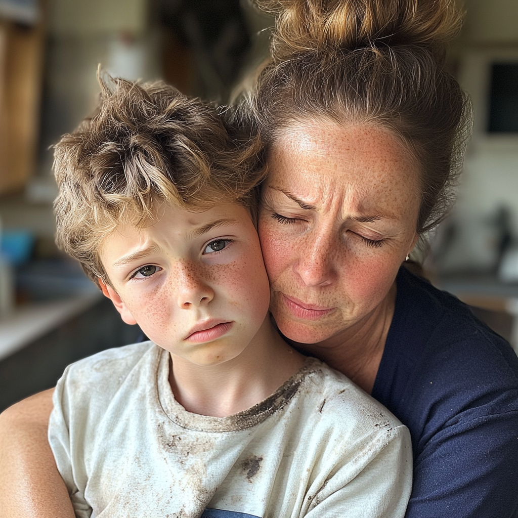 Una madre disgustada y su hijo abrazados | Fuente: Midjourney