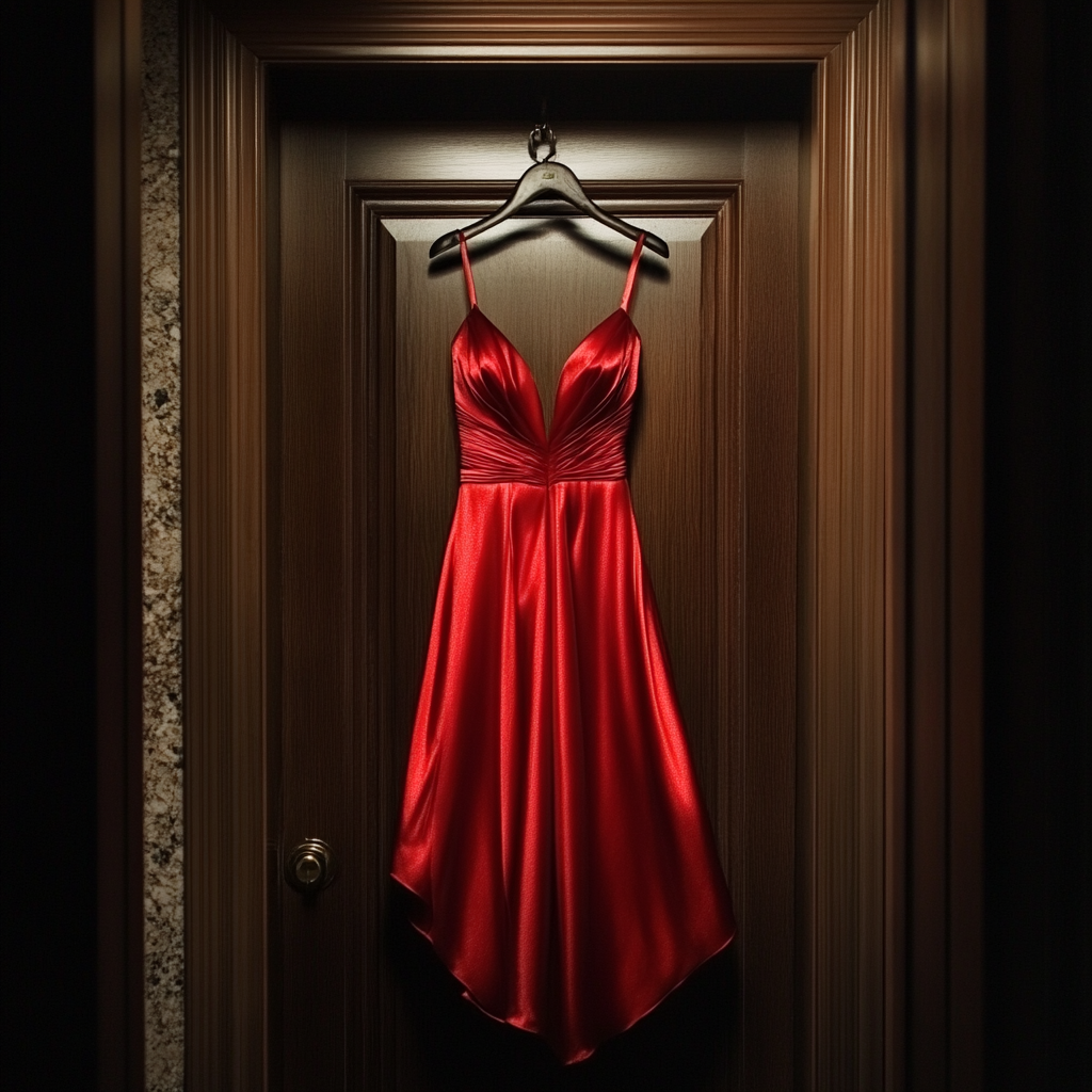 Un vestido de noche rojo colgado de una puerta | Fuente: Midjourney