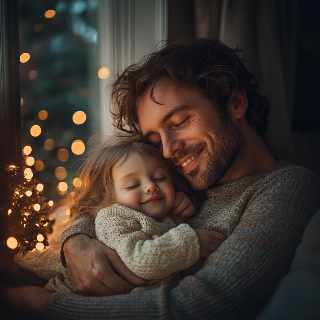 Un hombre con su hija sonriente en brazos | Fuente: Midjourney