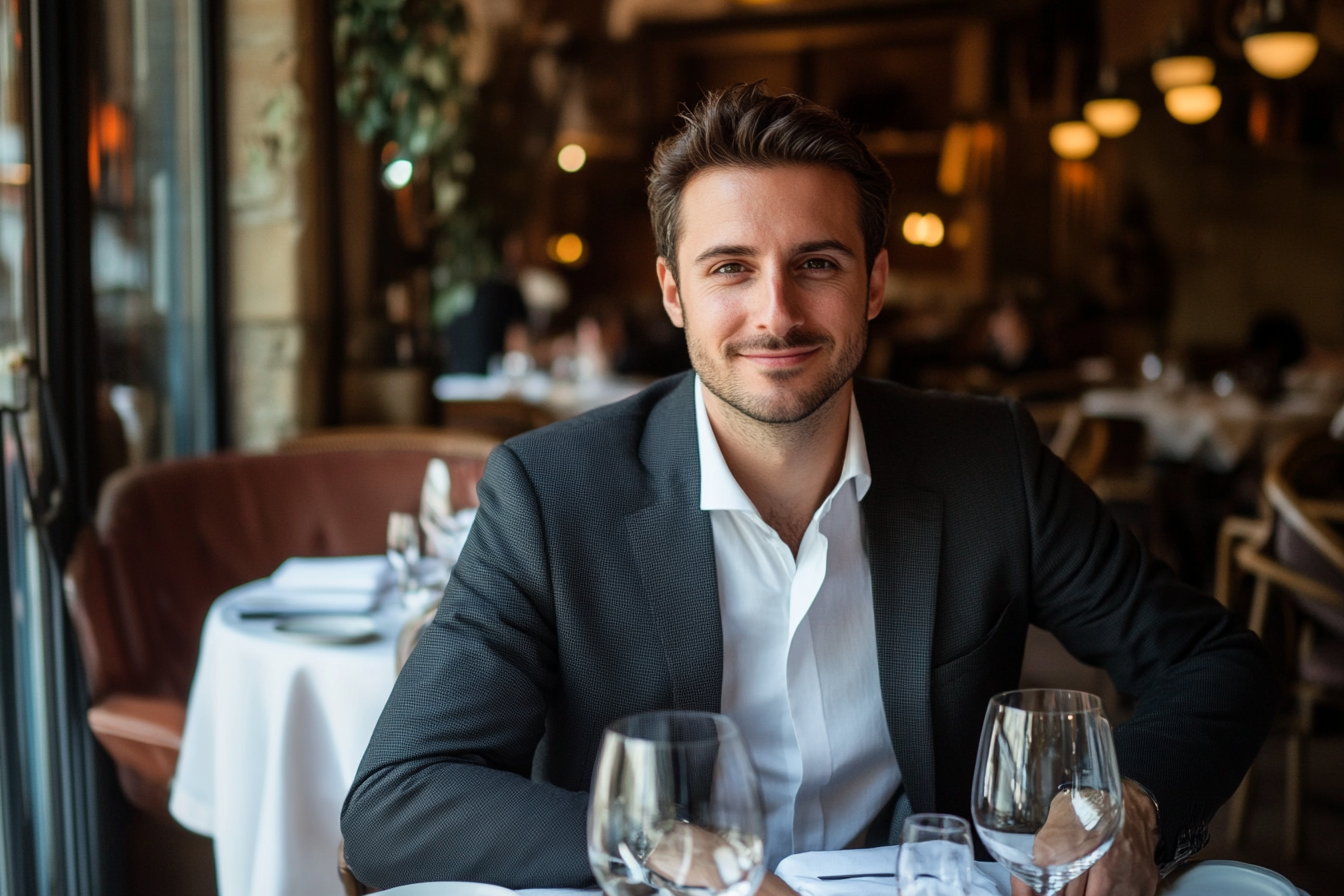 Un hombre sonriente sentado a una mesa | Fuente: Midjourney