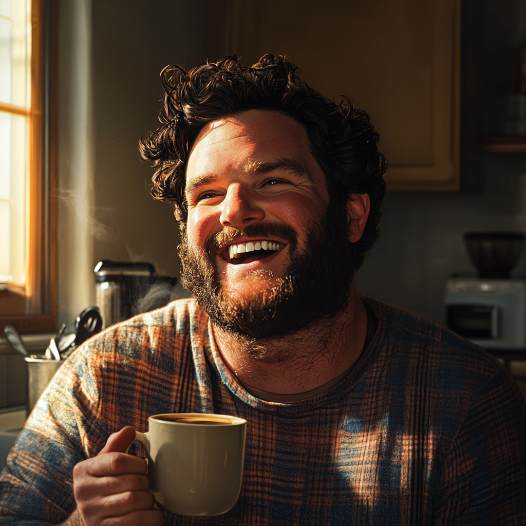 Un hombre alegre con una taza de café en la mano | Fuente: Midjourney