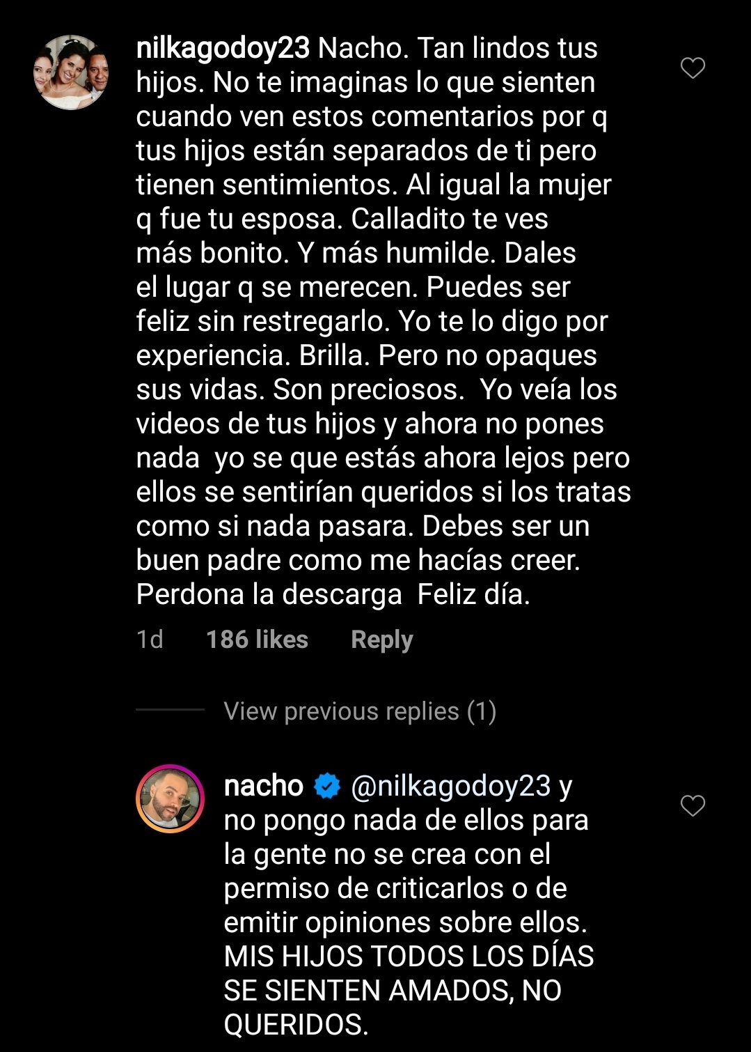 Comentario recibido por Nacho y su respuesta. | Foto: Captura de pantalla de Instagram/nacho