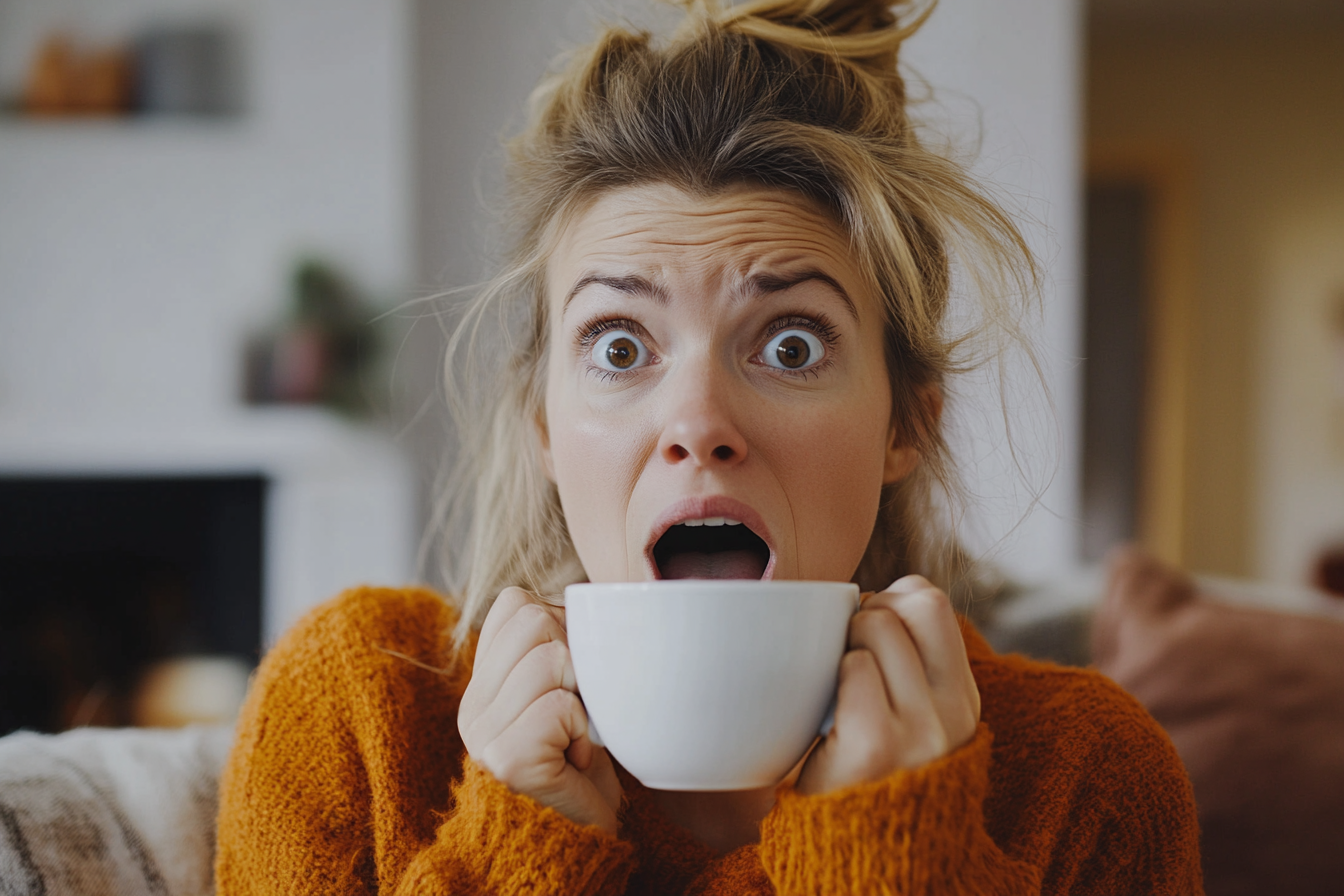 Una mujer conmocionada sosteniendo una taza de café blanco | Fuente: Midjourney