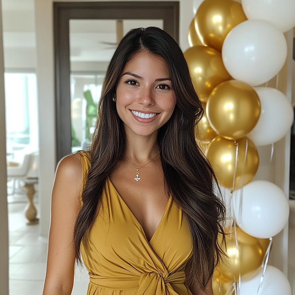 Una bella mujer con un vestido mostaza | Fuente: Midjourney
