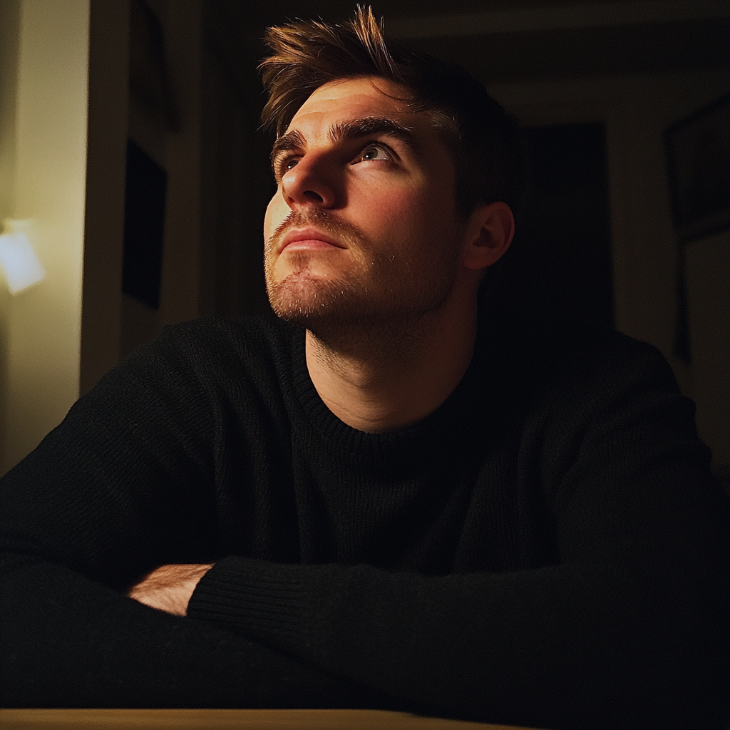 Un hombre con un jersey negro sentado en una mesa | Fuente: Midjourney