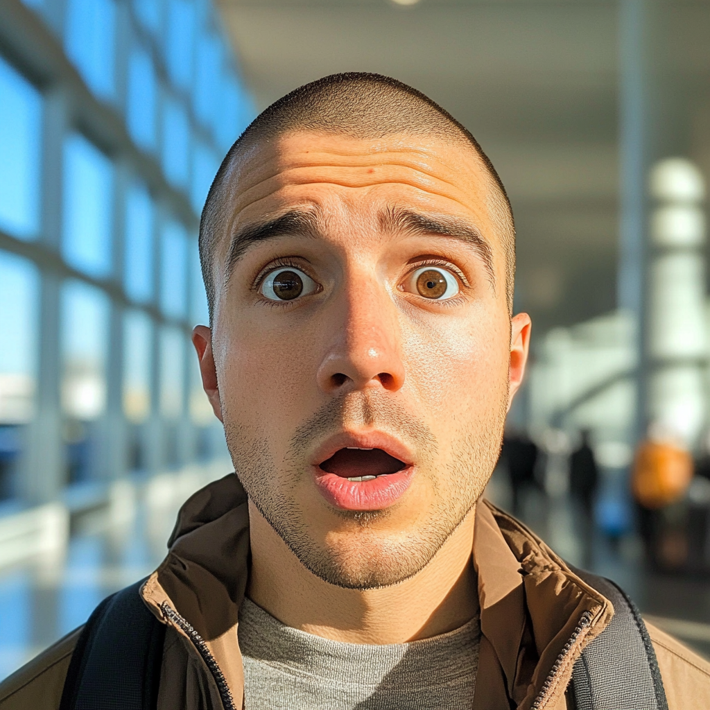 Un hombre conmocionado en un aeropuerto | Fuente: Midjourney