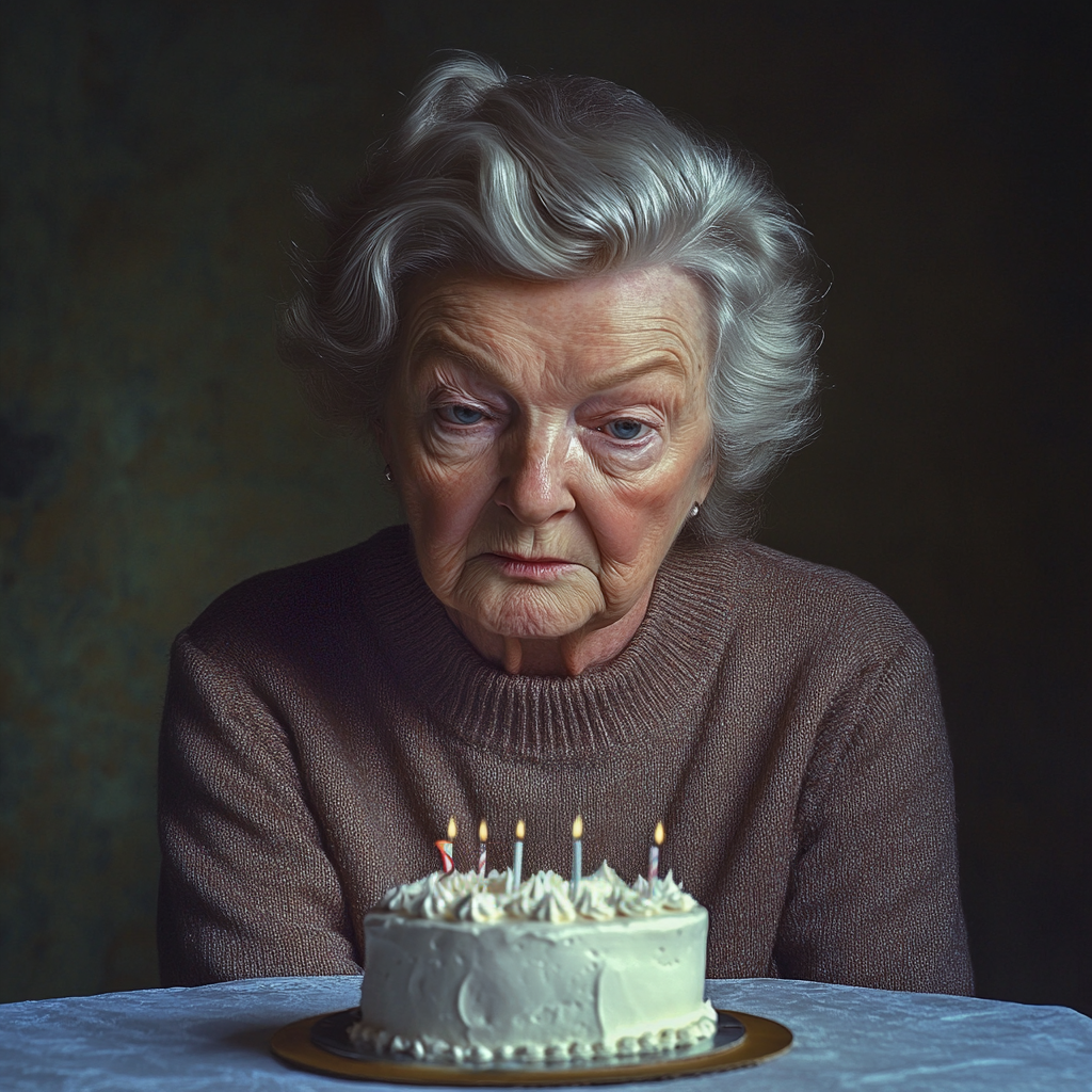 Una anciana triste mirando su Pastel de cumpleaños | Fuente: Midjourney