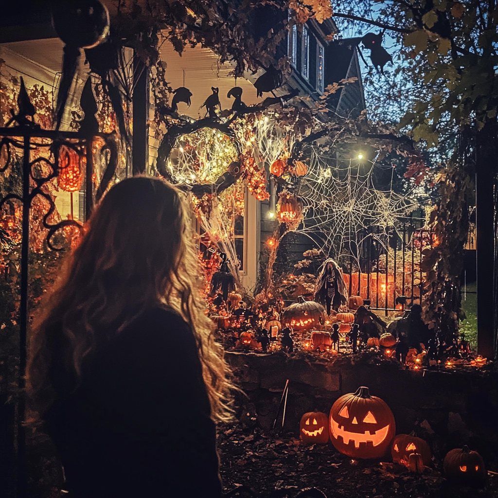 Mujer mirando las decoraciones de Halloween | Fuente: Midjourney