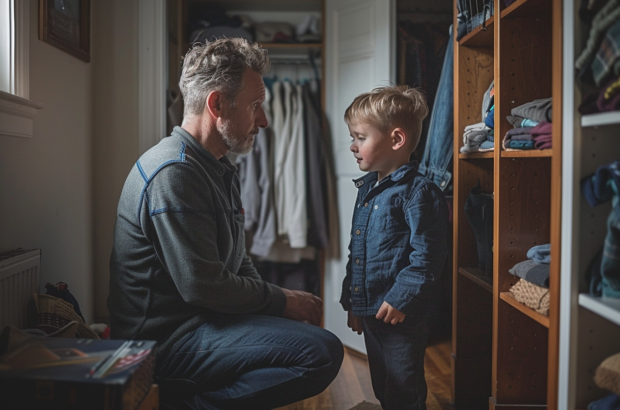 Un niño hablando con su padre fuera del armario de un pasillo | Fuente: Midjourney