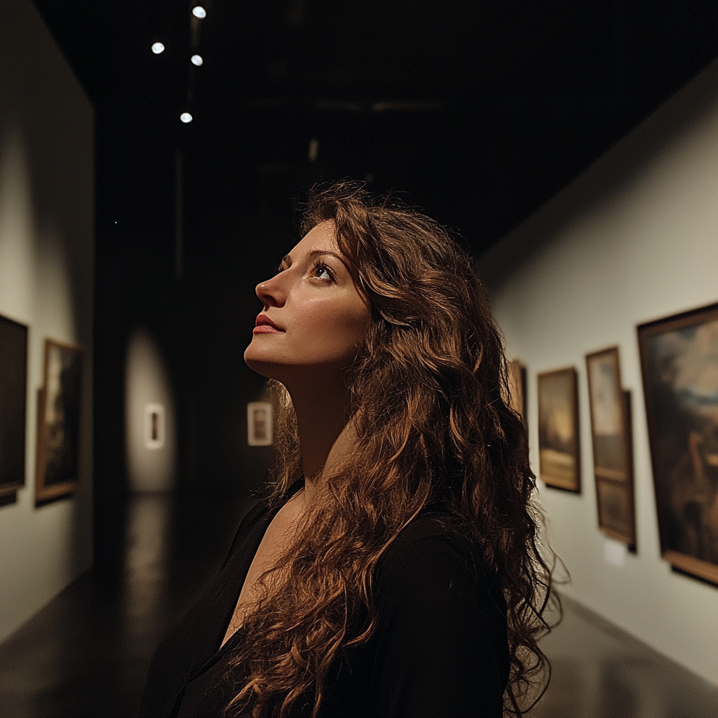 Una mujer de pie en una galería de arte | Fuente: Midjourney