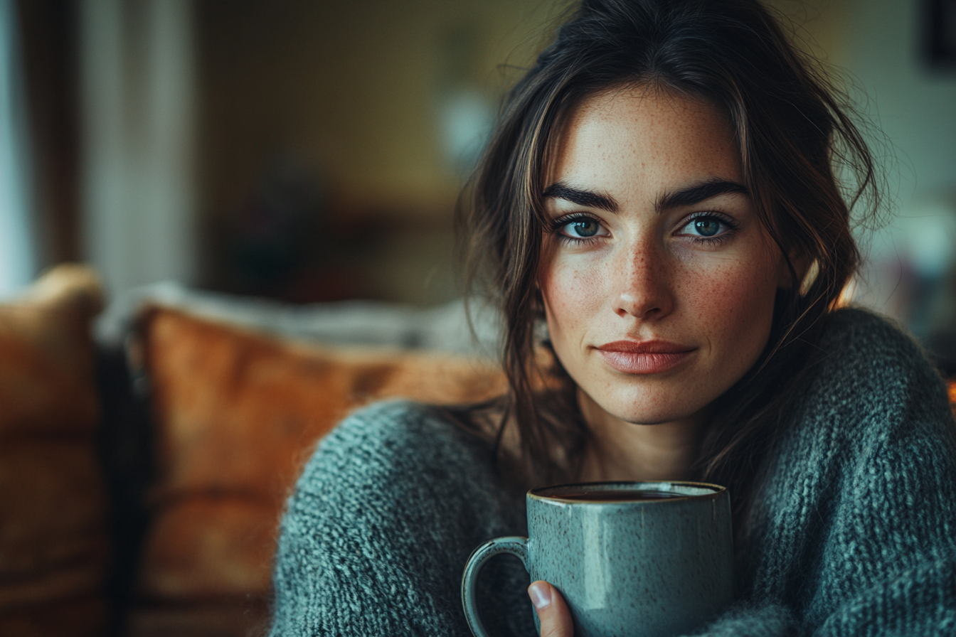 Una mujer con expresión satisfecha, disfrutando de una taza de té en una jarra, sentada en el salón | Fuente: Midjourney