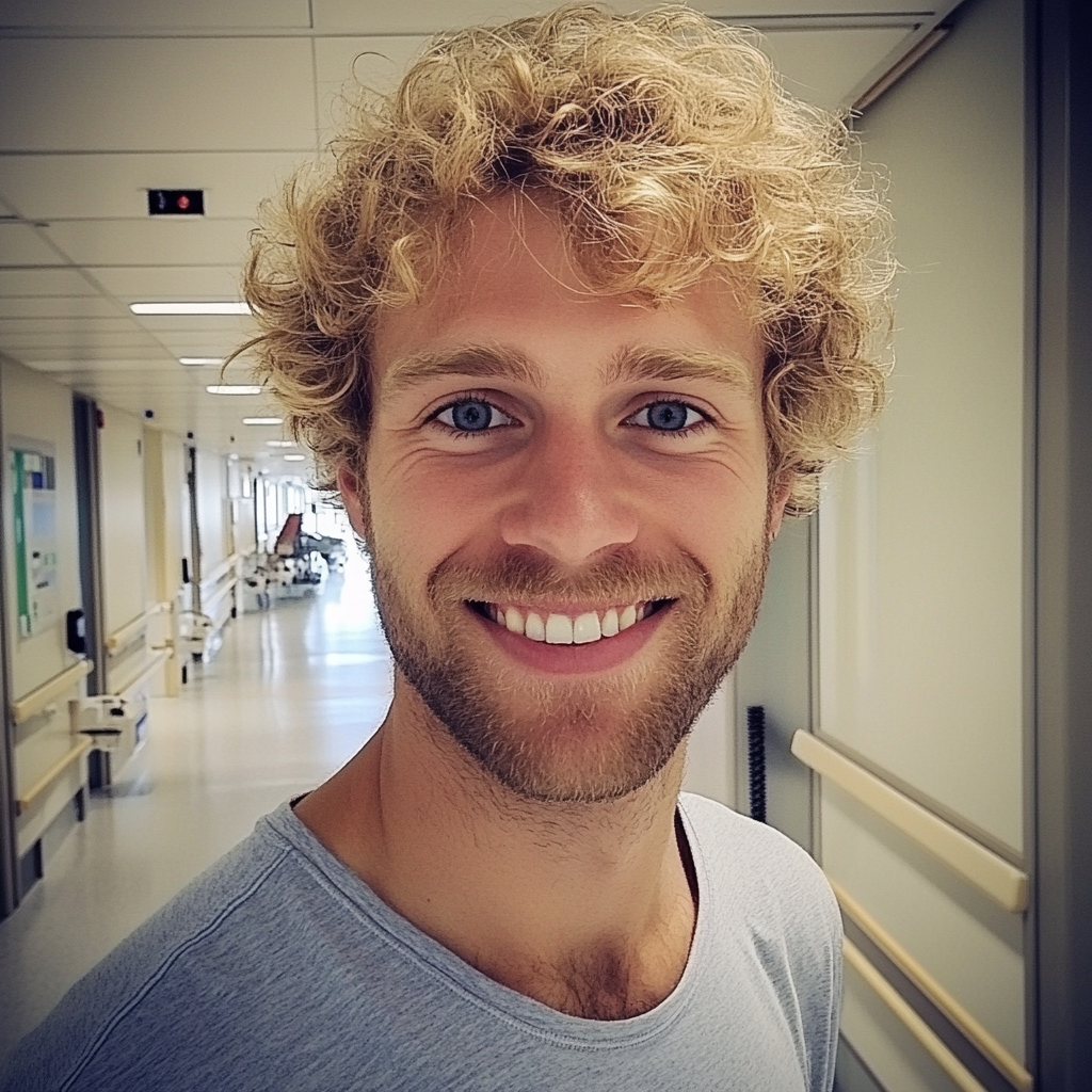 Un hombre sonriente en el pasillo de un hospital | Fuente: Midjourney