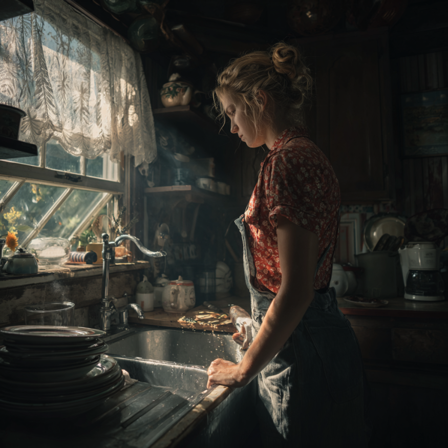 Una mujer de pie frente al fregadero de la cocina | Fuente: Midjourney