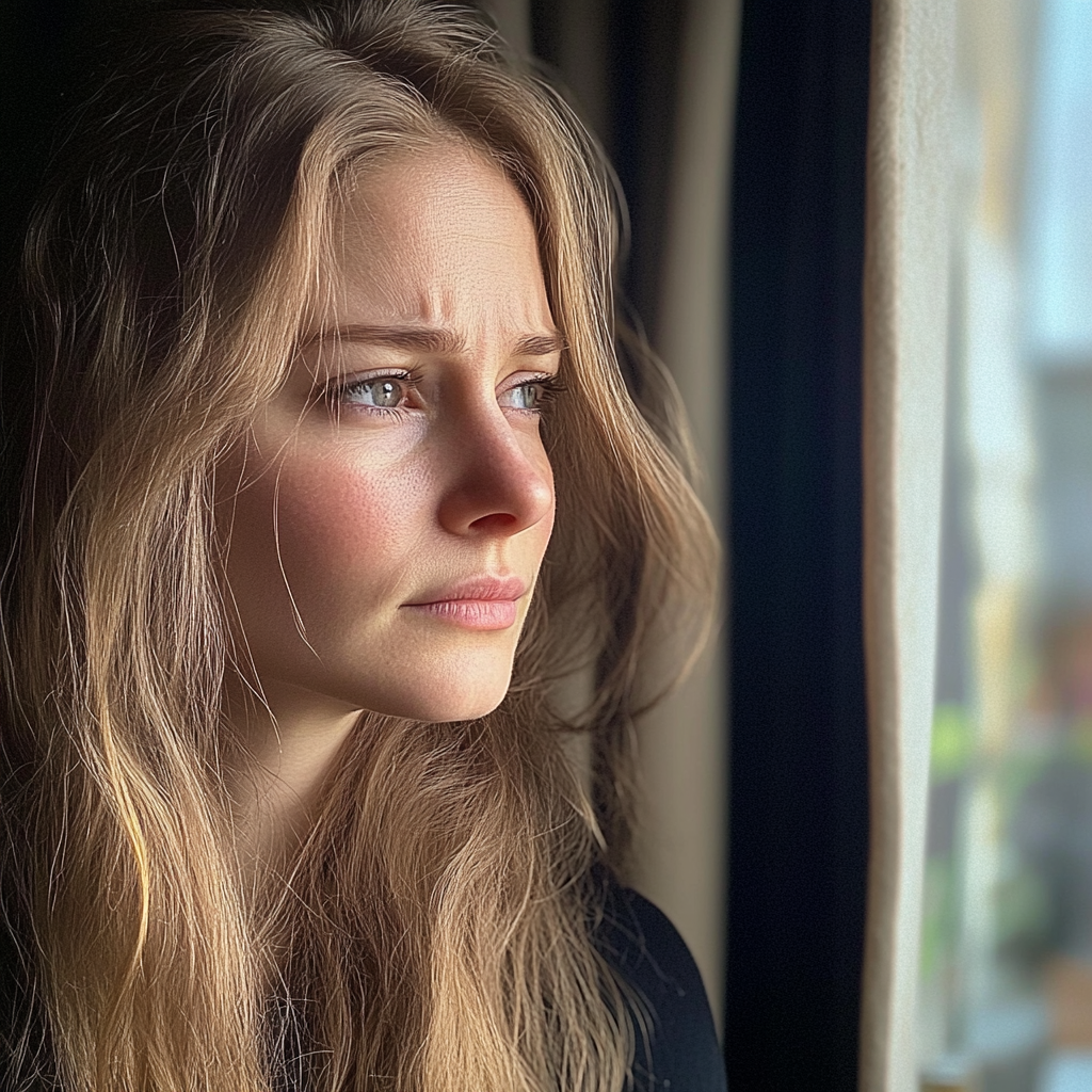 Una mujer alterada mirando por la ventana | Fuente: Midjourney