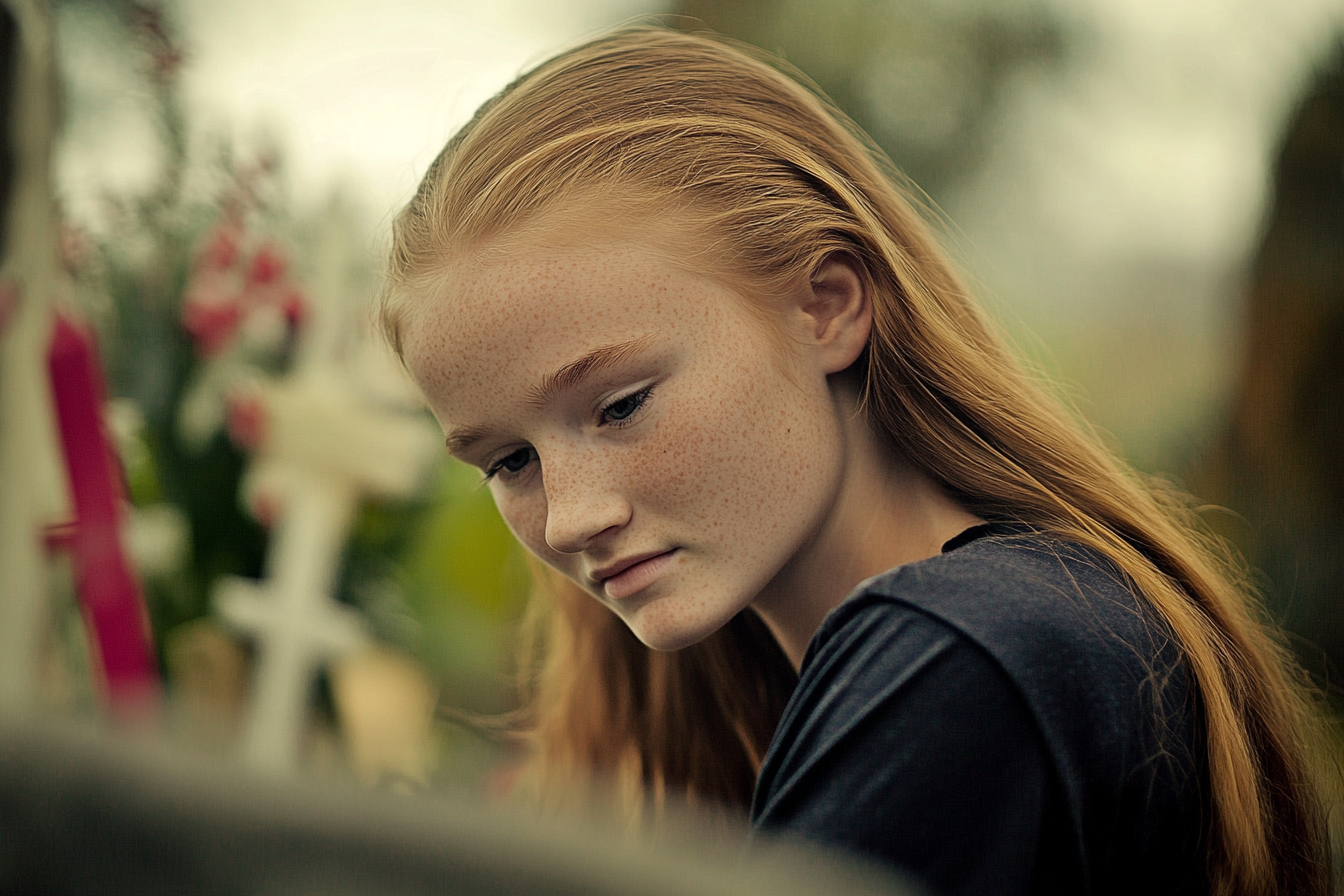 Una adolescente mirando hacia abajo en un cementerio | Fuente: Midjourney